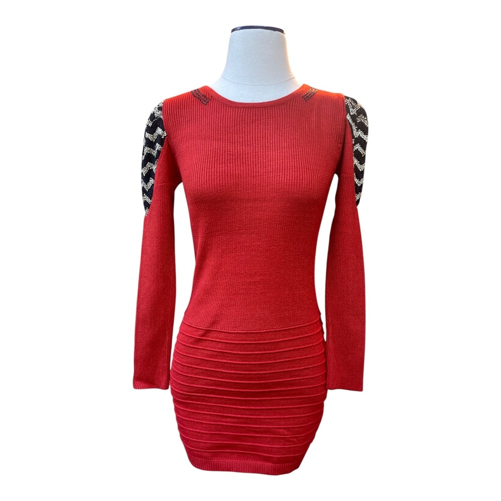 Red Ribbed Long Sleeve Knit Bodycon Mini Dress w/ Embellished Chevron Shoulders - Picture 6 of 6